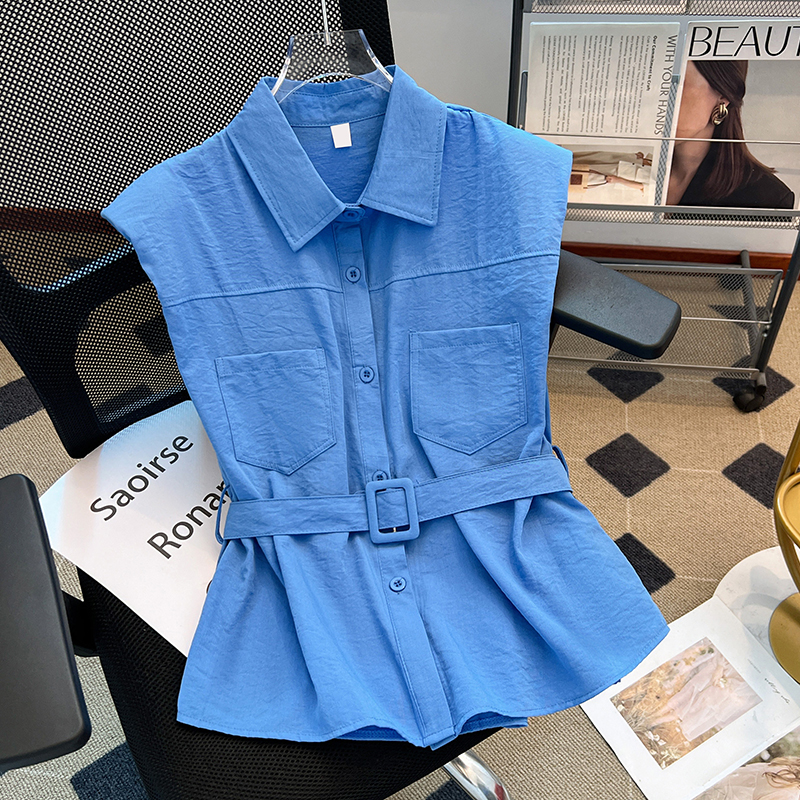 韩系蓝色翻领小飞袖衬衫女夏款小个子显瘦polo衫遮肚子上衣配腰带