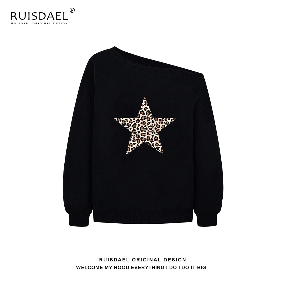 RUISDAEL早秋新款时尚斜肩长袖t恤女美式设计感宽松慵懒风上衣ins