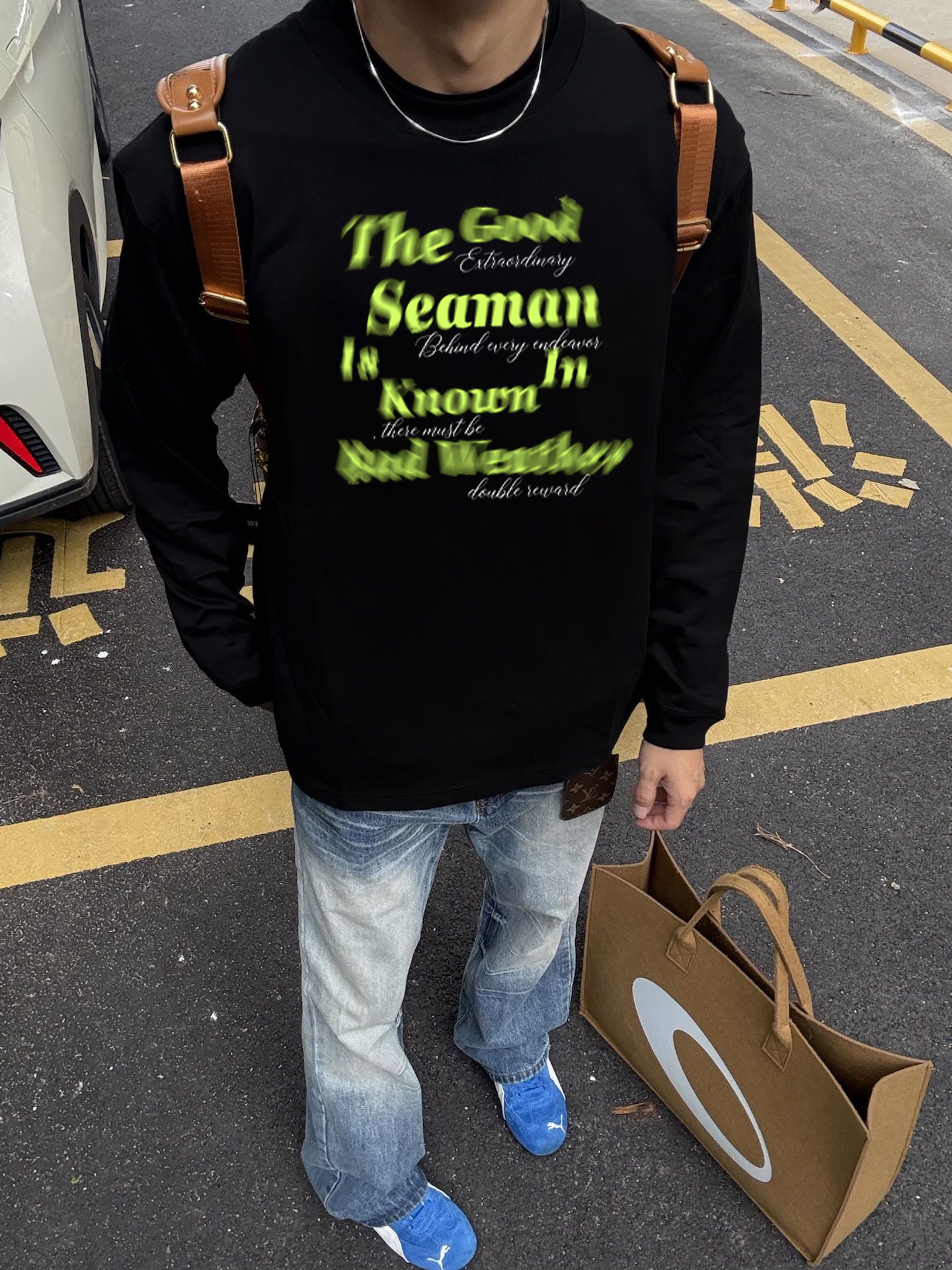 ANTI美式模糊字母印花长袖束口打底衫潮牌百搭宽松重磅纯棉上衣