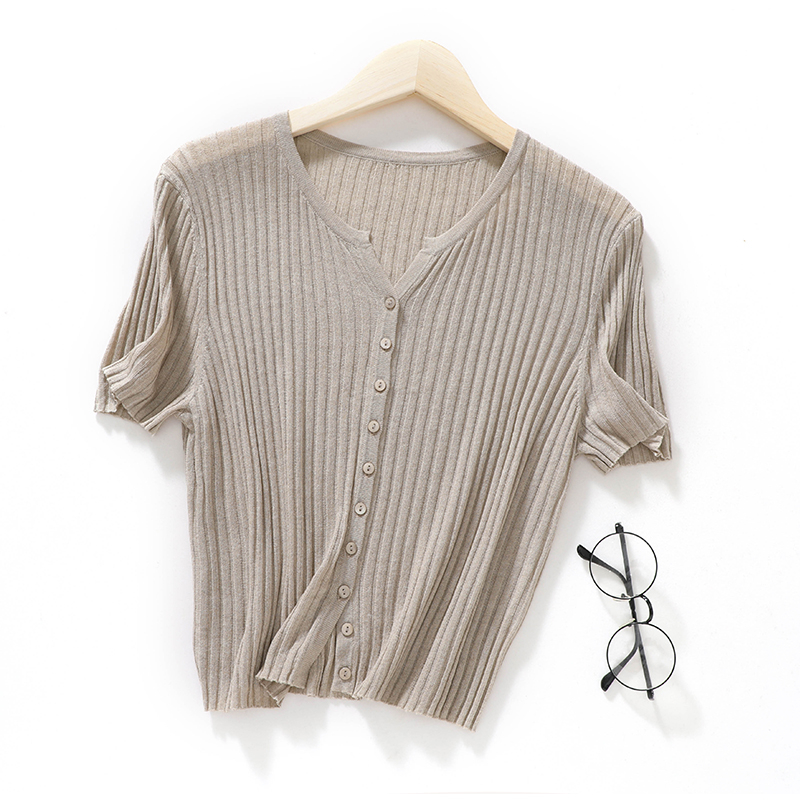 夏季天丝针织薄款短袖开衫女短款v领针织衫显瘦外搭显瘦短款上衣