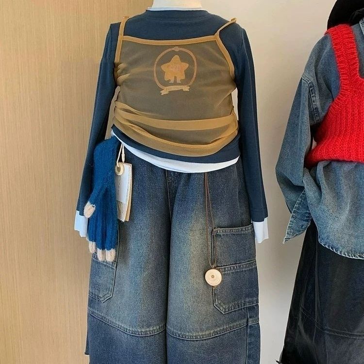 童装女童套装秋装2025新款女孩网纱吊带打底衫时髦工装牛仔阔腿裤