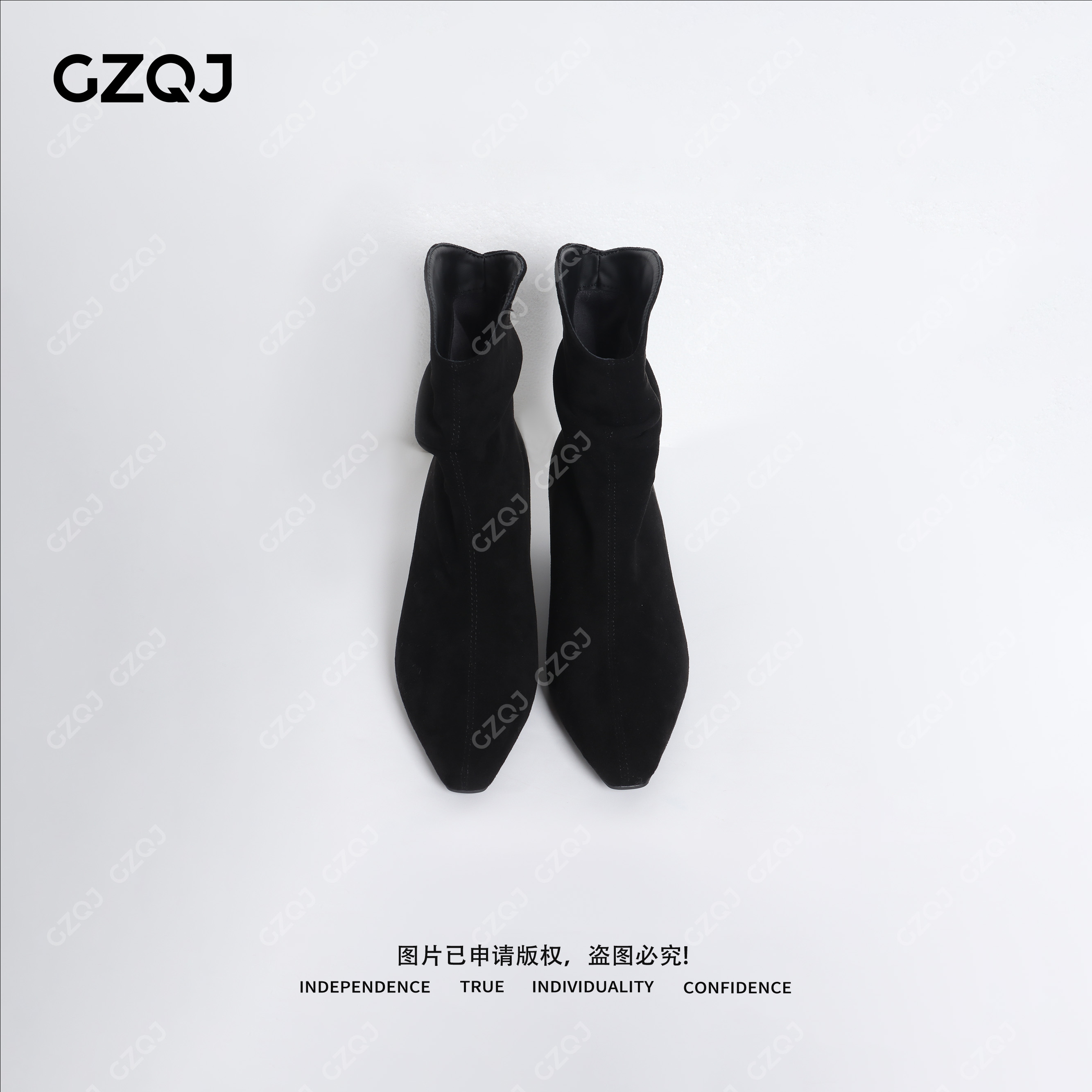 老琴私服 秋冬新款百搭简约堆堆靴尖头绒面显瘦高跟短靴女  51032