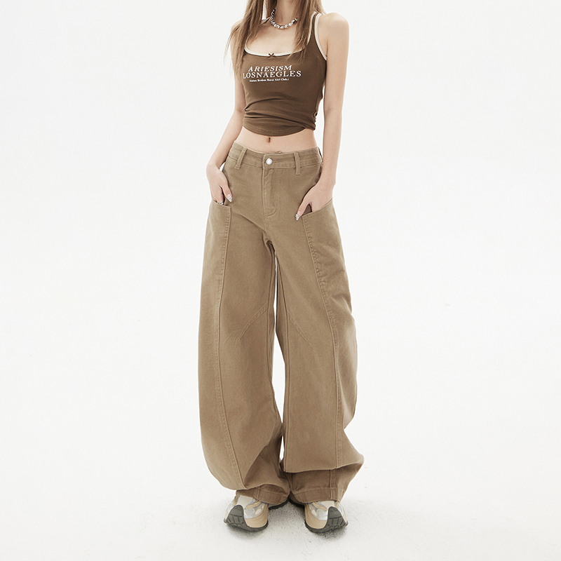 卡其色拼接牛仔裤女2025春夏新款高腰宽松显瘦遮胯休闲阔腿弯刀裤