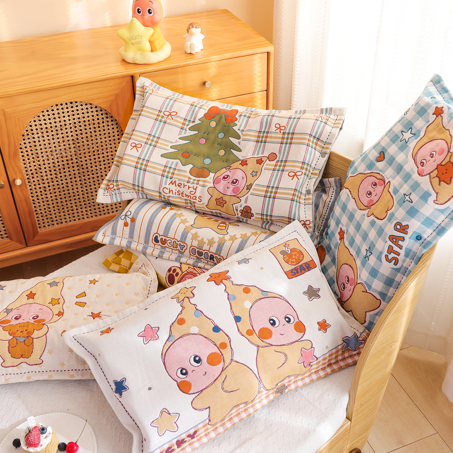 按扣式纯棉纱布卡通儿童枕套全棉全包宝宝家用加厚柔软枕芯内胆套