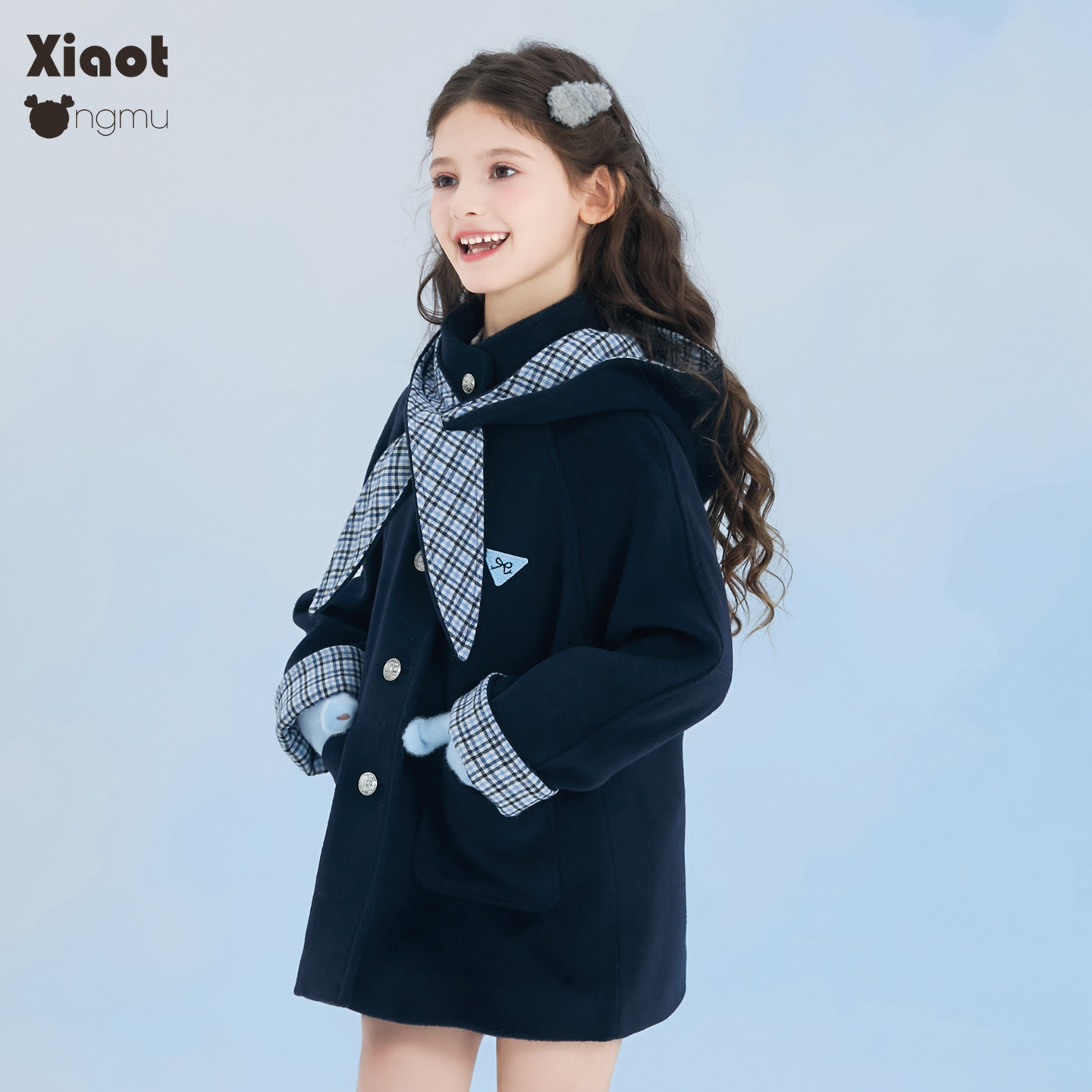 小童木 酷飒学院风女童毛呢大衣冬季新款格纹中大童藏青呢子外套