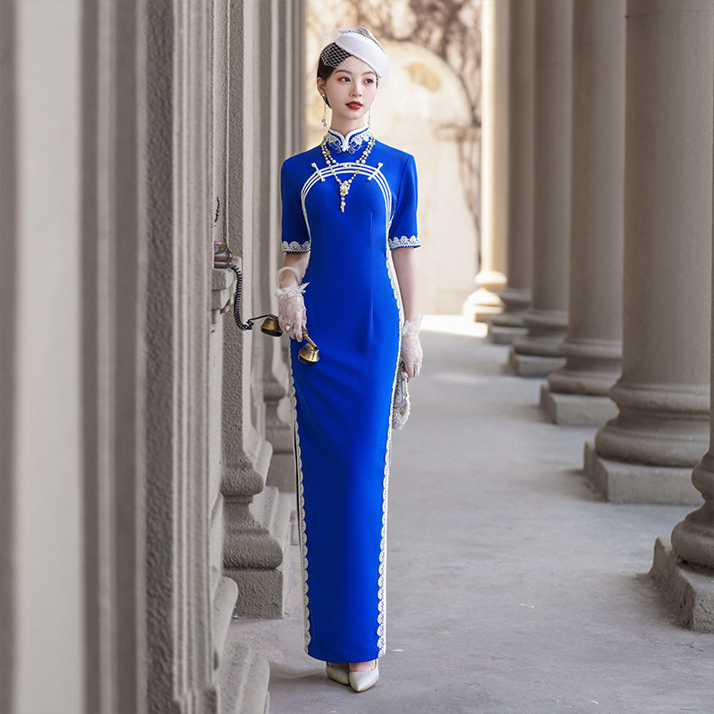 娴馨衣长140新中式宝蓝色短袖弹力抗皱长款蕾丝花边走秀日常旗袍