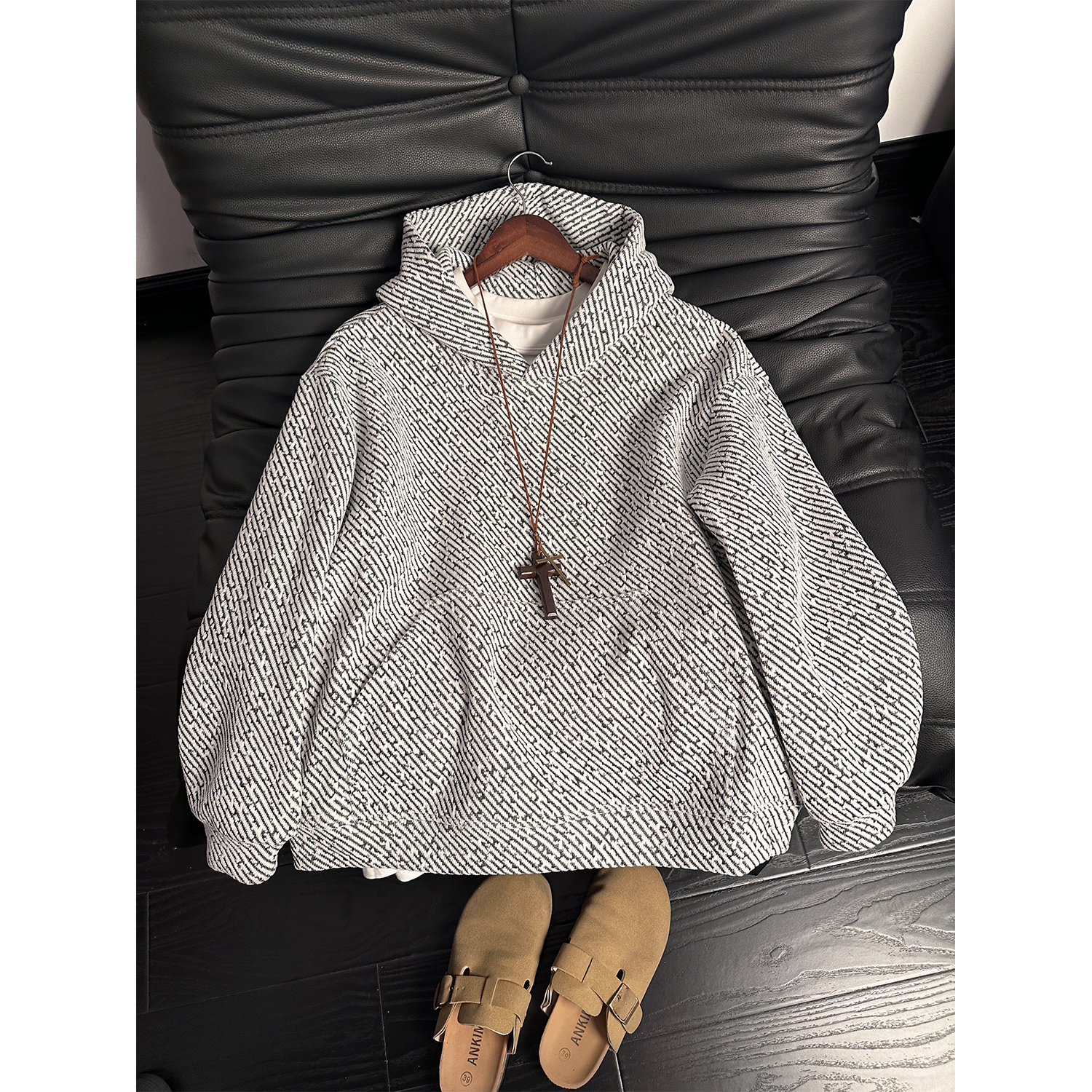 小香风连帽卫衣男秋冬高级感美式情侣外套潮牌设计感宽松休闲上衣