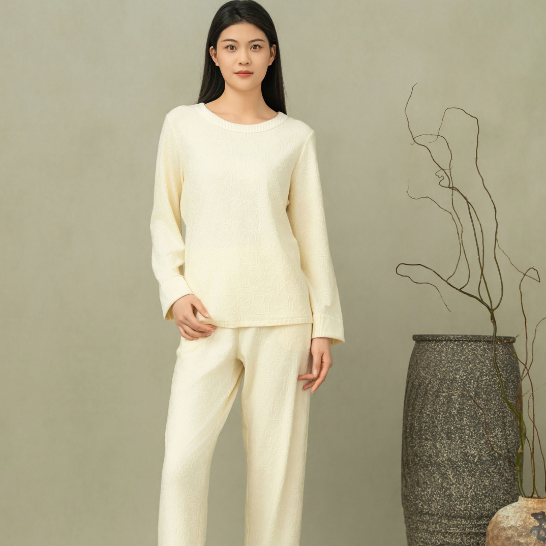 【三合竹衣】女士竹纤维加德绒混纺套头竹纹家居服