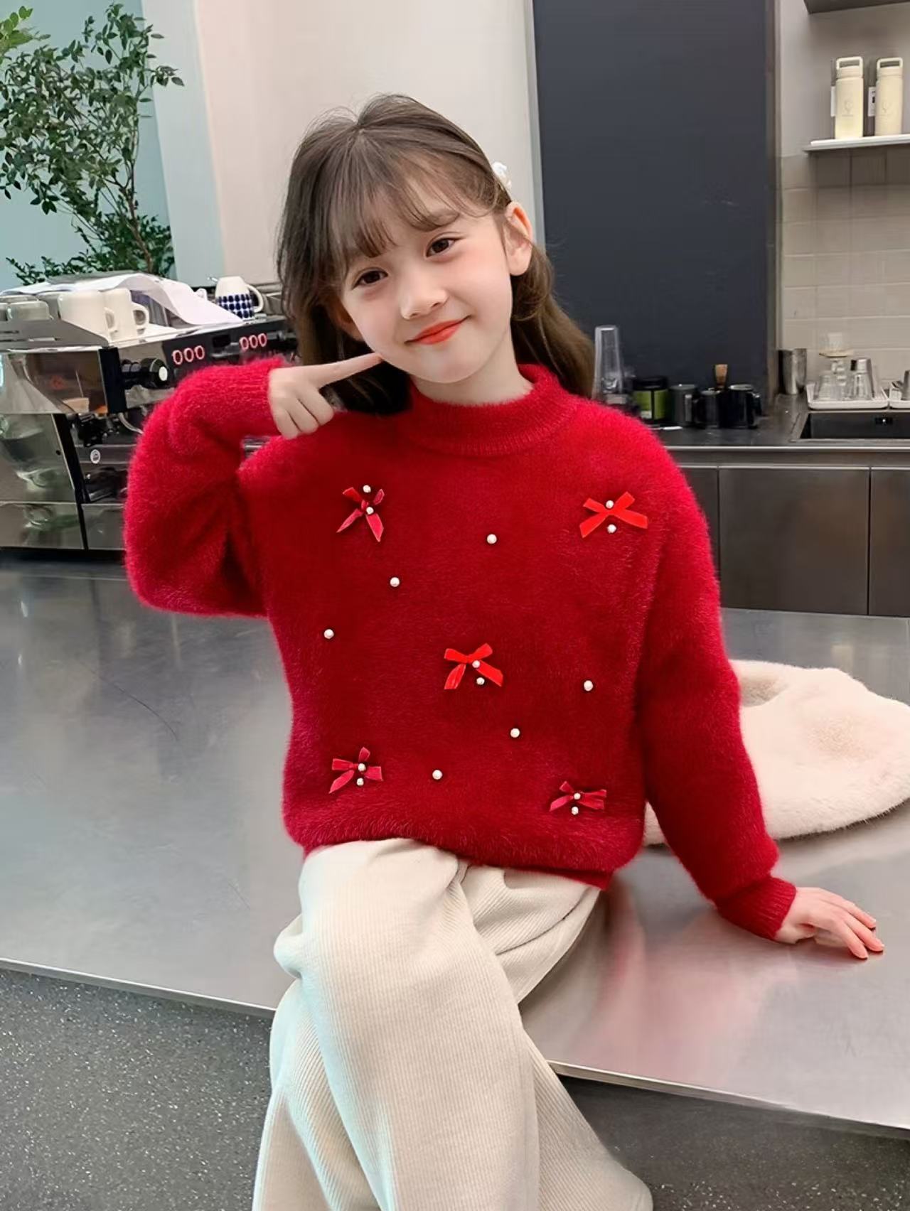 不起球水貂绒女童针织衫冬装纯色圆领加绒加厚款大童毛衣休闲风