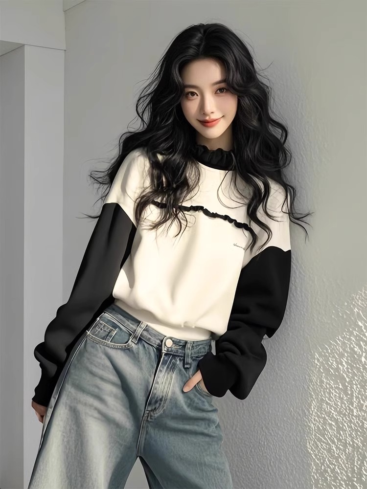韩系超好看独特漂亮黑白撞色套头长袖卫衣2025春秋新款小个子上衣