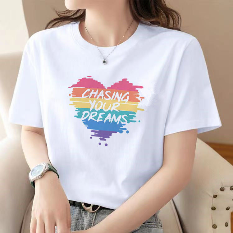 女士t恤短袖夏季新款纯棉韩版正肩半袖时尚宽松百搭【七彩爱心】