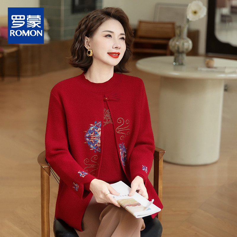 新中式喜婆婆婚宴装妈妈秋装套装洋气针织外套中老年上衣两件套女
