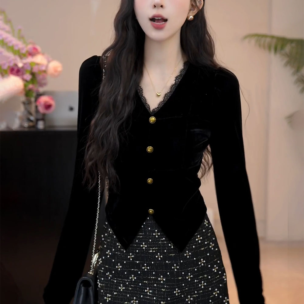法式蕾丝V领衬衫女士秋冬高级感收腰显瘦内搭打底衫高端丝绒上衣