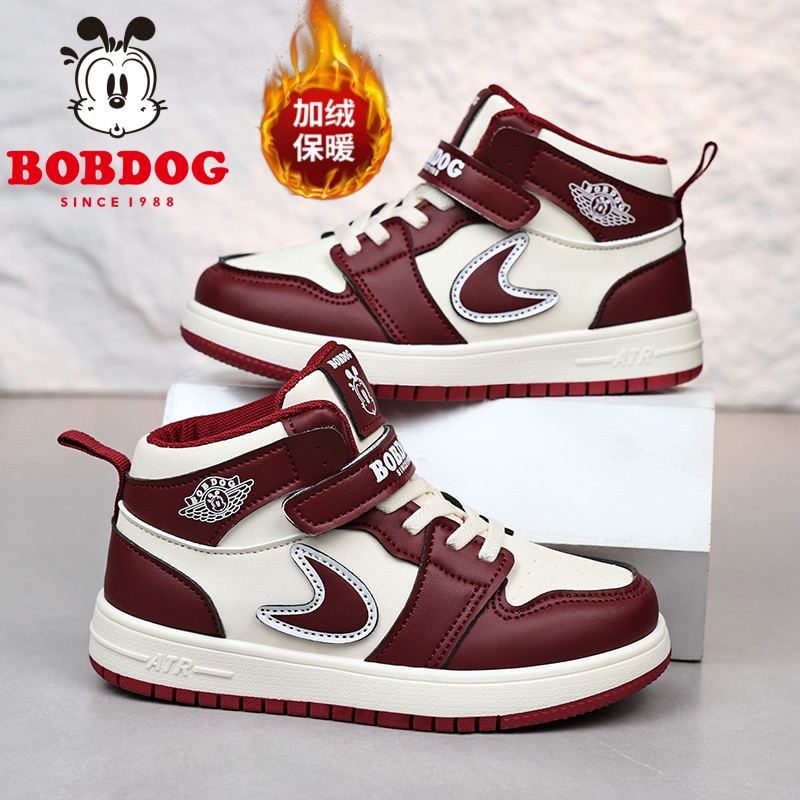 巴布豆男童棉鞋儿童高帮板鞋秋冬新款加绒保暖运动鞋红色休闲潮鞋