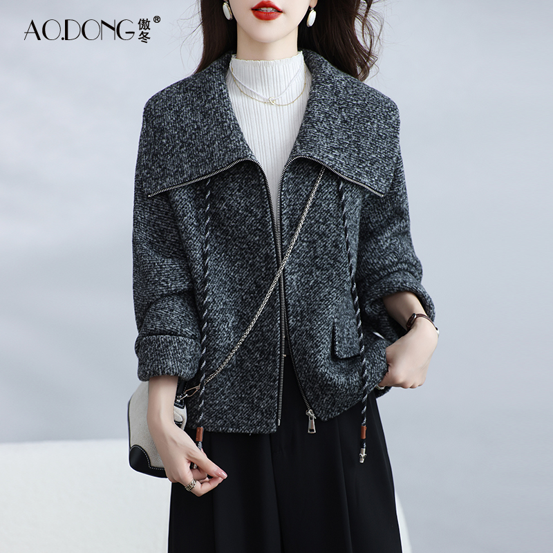 双面绒大衣女短款显瘦小个子娃娃领羊毛呢人字纹休闲外套减龄秋冬