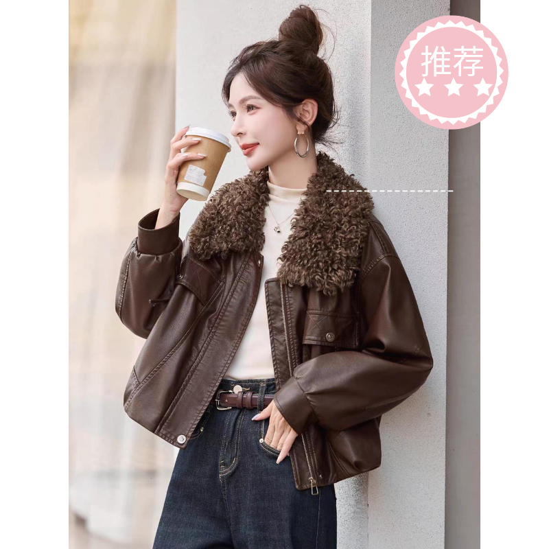【海宁皮衣】毛领短款加绒皮衣外套女秋冬防风保暖时尚酷飒皮夹克