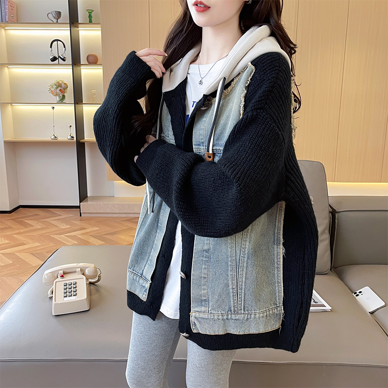 宽松慵懒风牛仔布拼接毛衣开衫女2025年秋冬新款复古连帽上衣外套