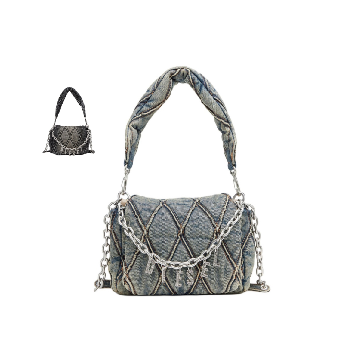 DIESEL迪赛牛仔布CHARM-D字母链条吊饰小号斜挎包女款时尚休闲