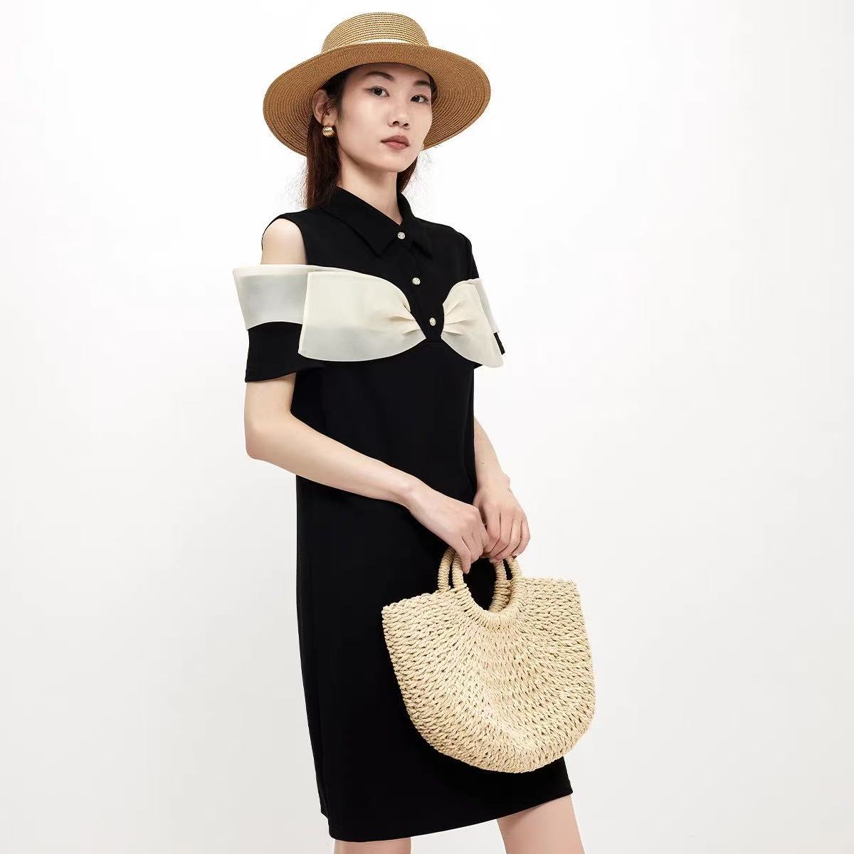 夏季街头风显瘦连衣裙圆领中长裙名媛拼接时尚黑色小众裙子