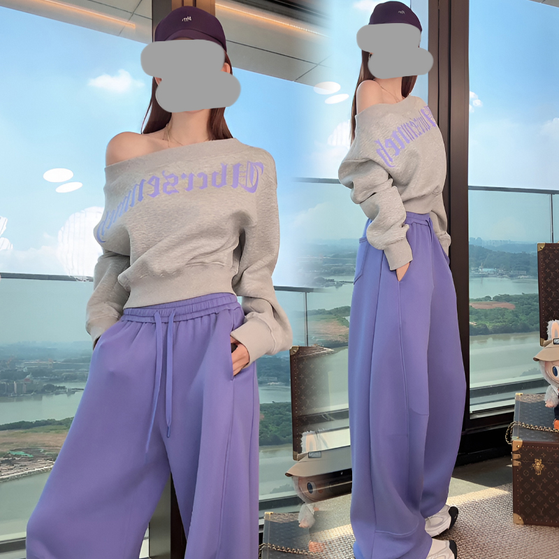 韩系独特超好看套装春秋一整套穿搭露肩字母卫衣休闲长裤两件套女