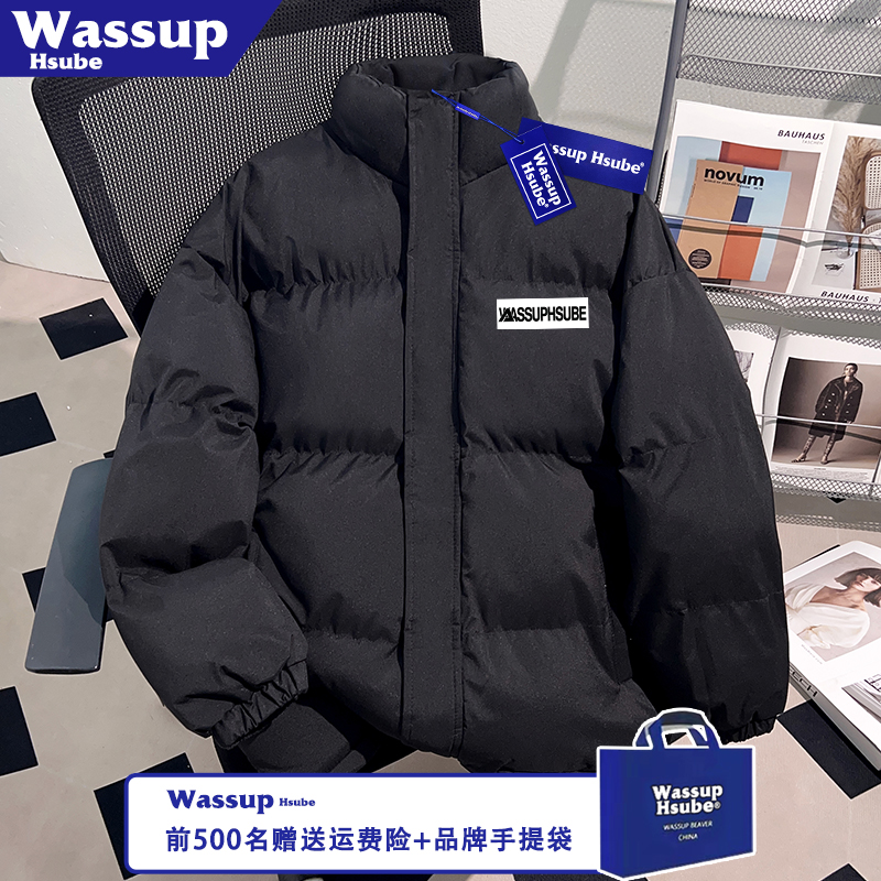 WASSUP HSUBE秋冬季原创字母印花防风拉链黑色加厚外套保暖男棉服