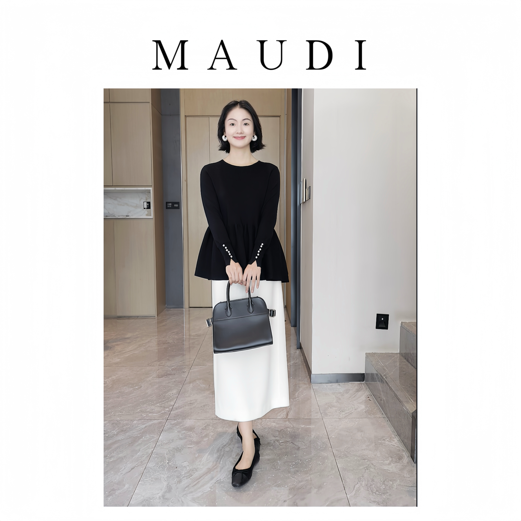 MAUDI浪漫之都秋季新款2025简约荷叶边套头黑色珍珠针织衫8205