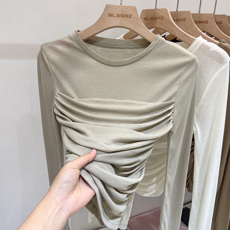韩系网纱长袖t恤女早春新款设计感小众褶皱修身打底衫短款上衣