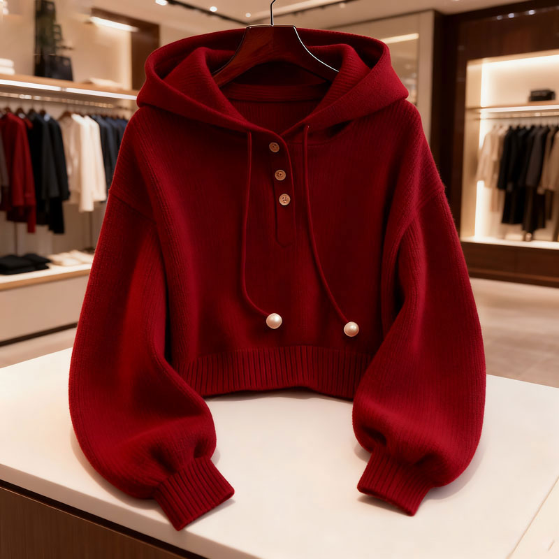 时尚洋气红色连帽针织卫衣秋季2025新款休闲慵懒风宽松软糯上衣女