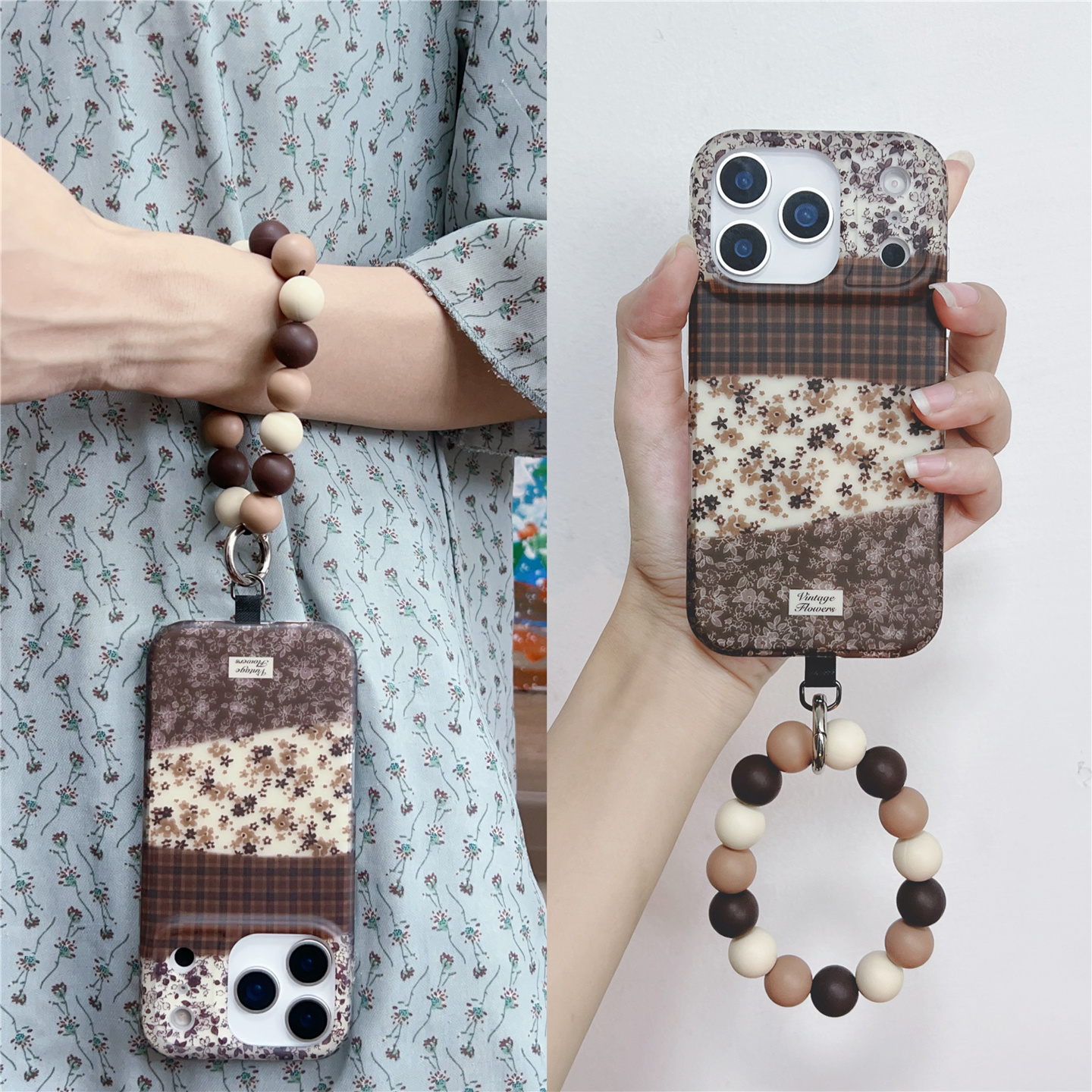复古棕砂格纹碎花适用苹果17promax串珠16手环iphone15手机壳1413