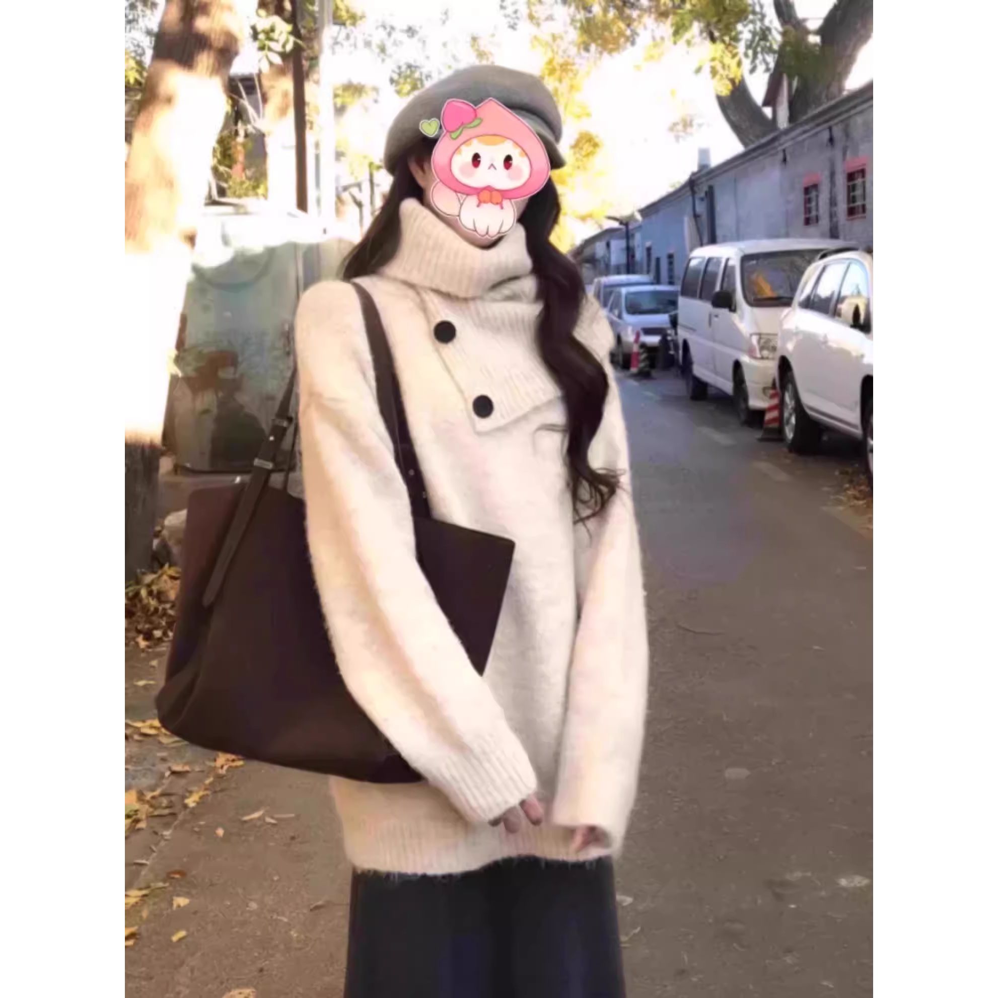 韩系独特慵懒高级感高领厚毛衣女秋冬季宽松设计感套头围巾两件套