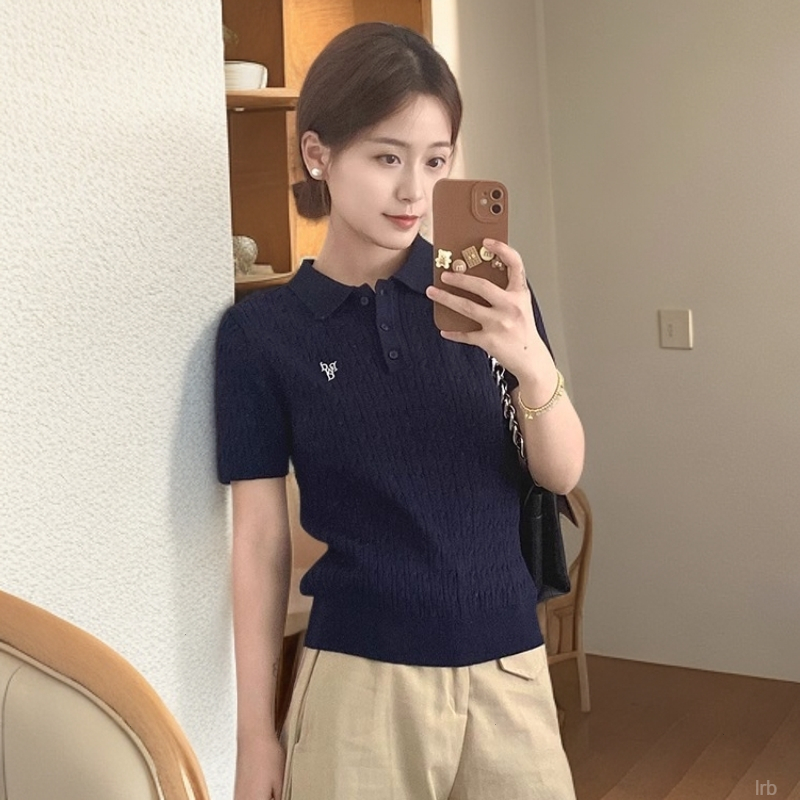 法式气质藏青色刺绣polo领t恤女2025夏季高级感正肩冰丝针织上衣
