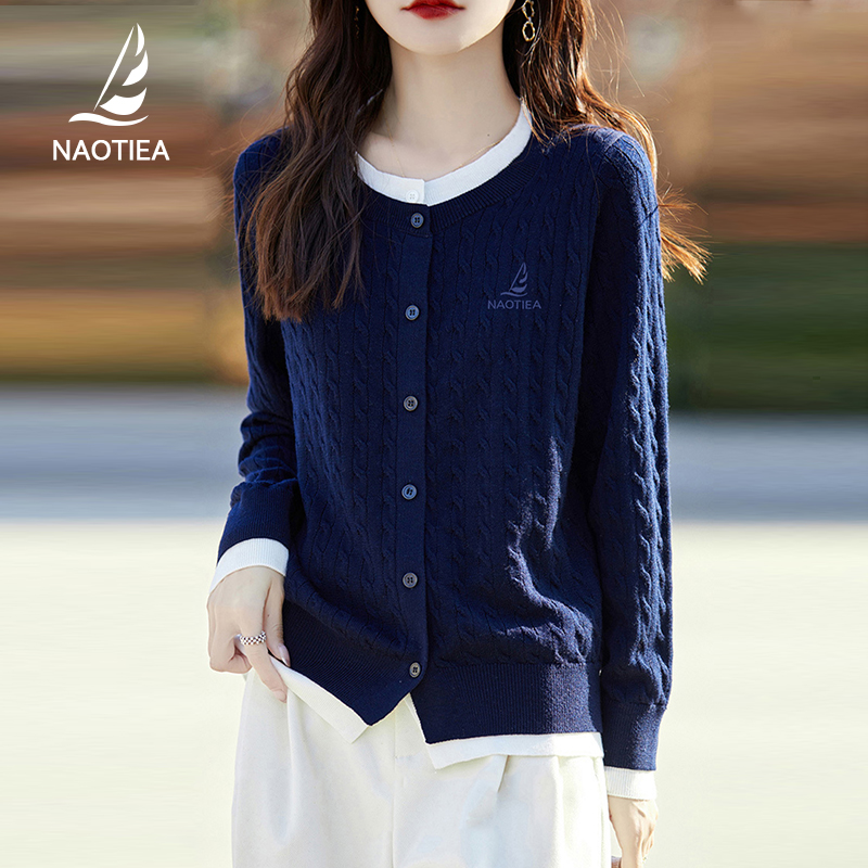 纳奥蒂尔小帆船假两件毛衣针织衫女2025春秋新款打底开衫上衣外套