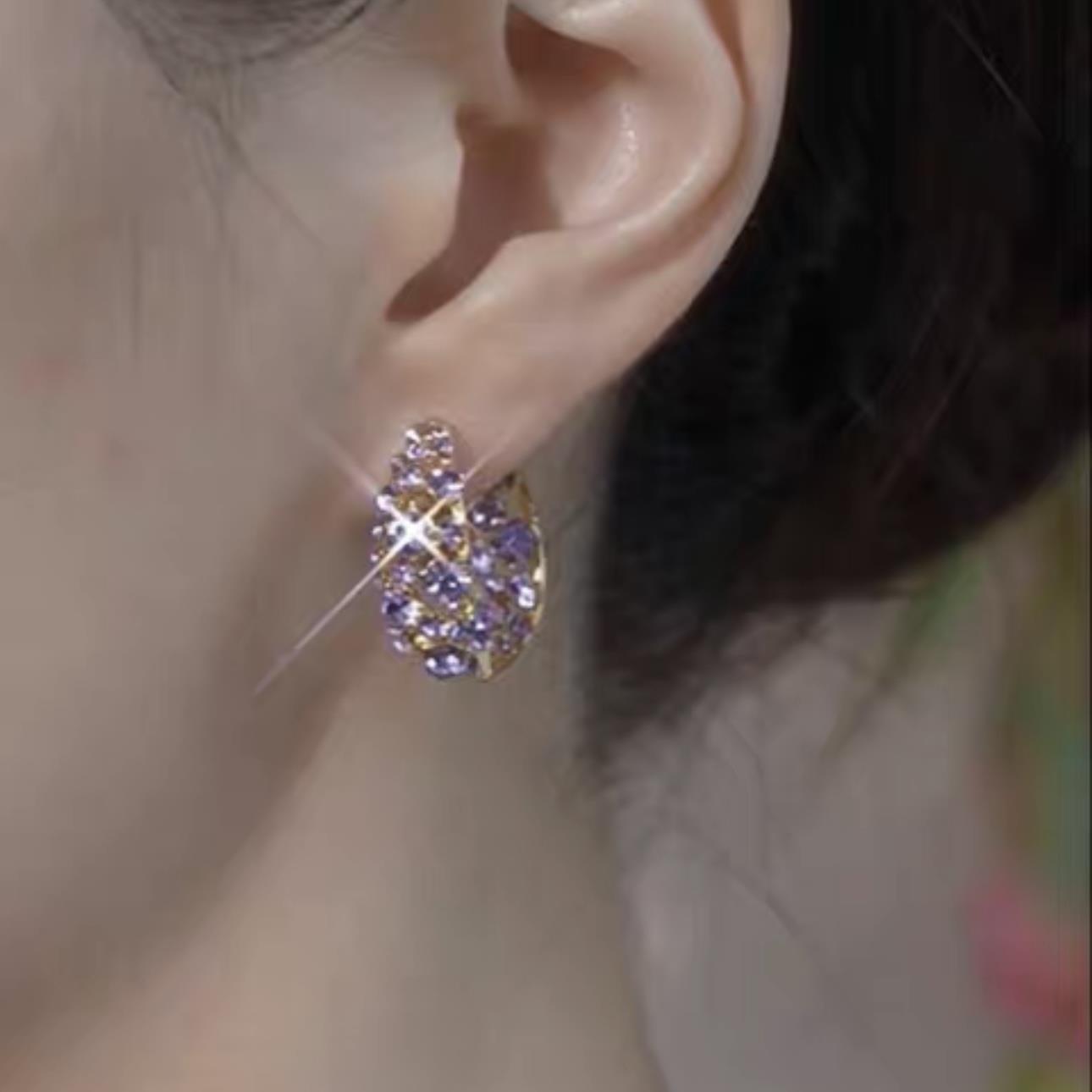 合金耳饰 2025新款爆款紫色满钻圈圈耳扣小众设计高级感耳环轻奢