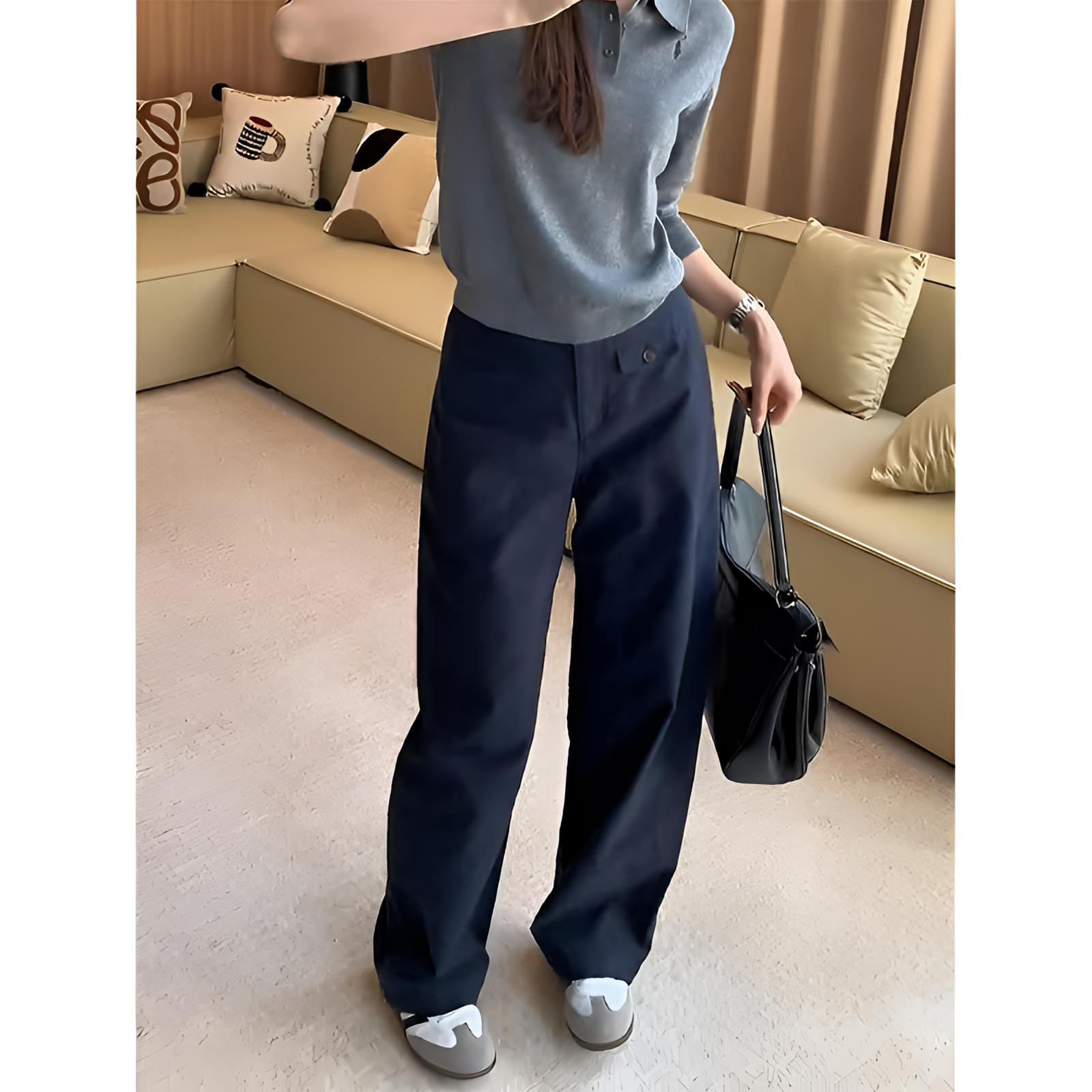 藏青色简约高级直简裤2025春秋日系慵懒坠感高腰百搭通勤休闲长裤
