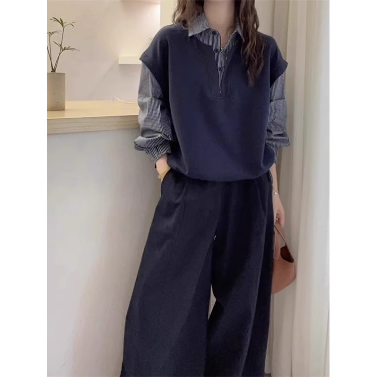 超火减龄格子拼接假两件衬衫女早秋2025新款大码胖mm长袖小衫上衣