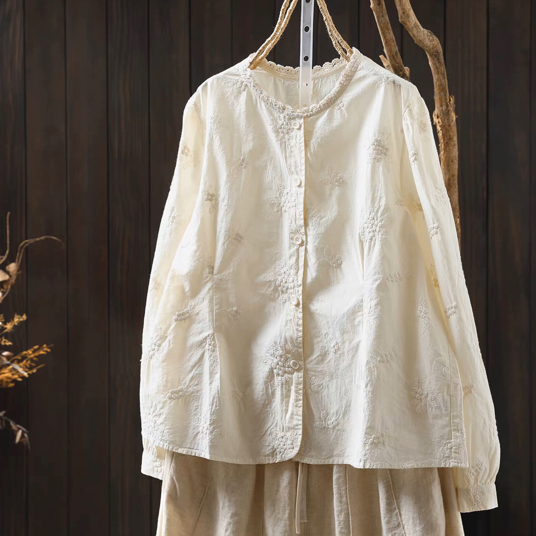 法式小资小上衣女2025秋新款纯棉花边领刺绣提花显瘦百搭休闲衬衫