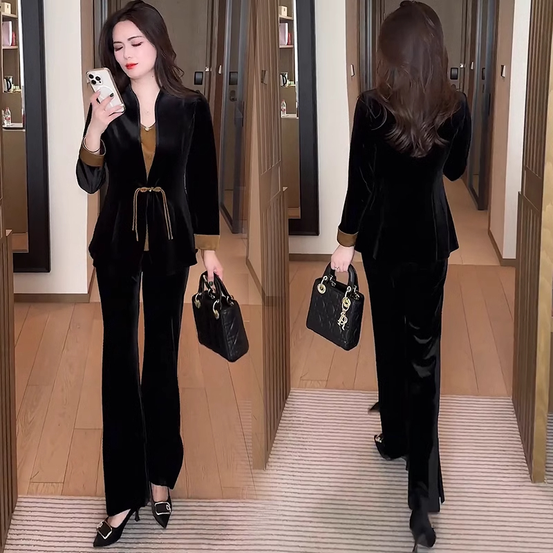 新中式时尚套装女2025春季新款洋气质收腰显瘦丝绒微喇裤三件套潮