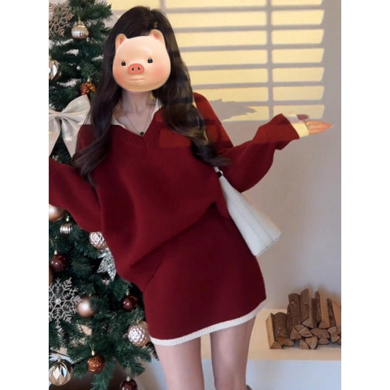 2026超火独特漂亮冬装一整套圣诞节红色花边毛衣半身裙子两件套装