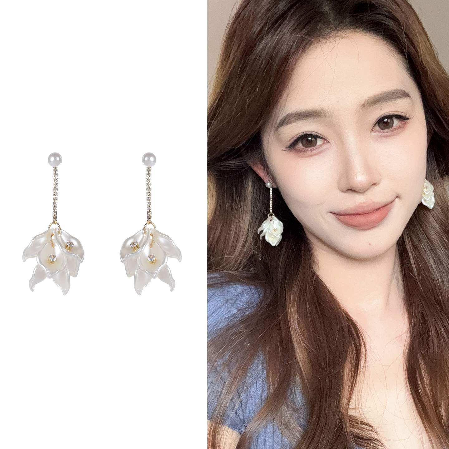 oushipei/欧诗佩 铜合金仿珍珠耳饰 气质温柔白色花瓣流苏耳环女