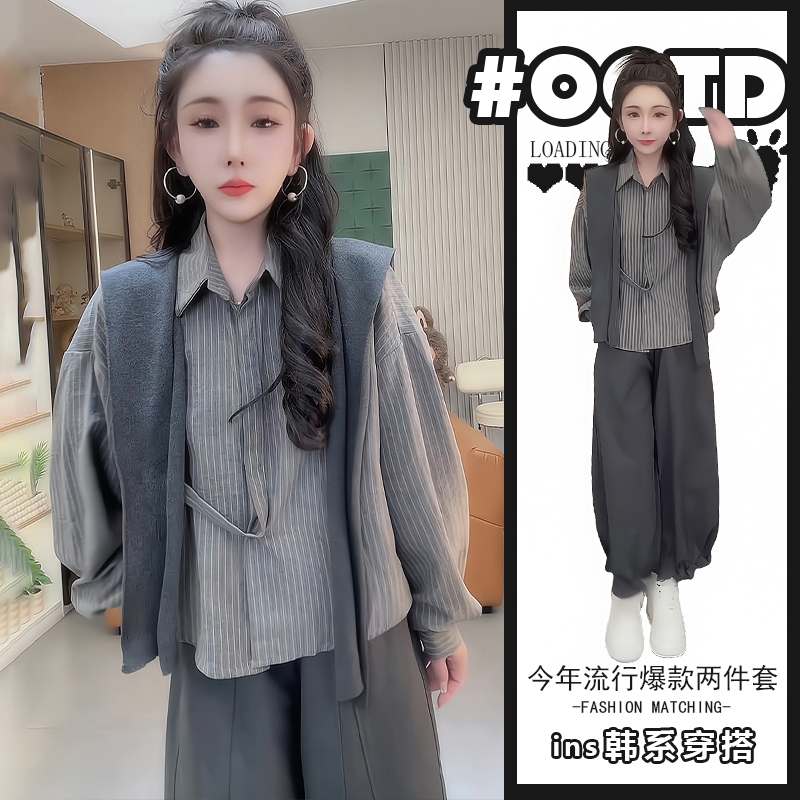 秋季一整套女2025新款韩版减龄气质长袖衬衫高腰显瘦休闲裤三件套