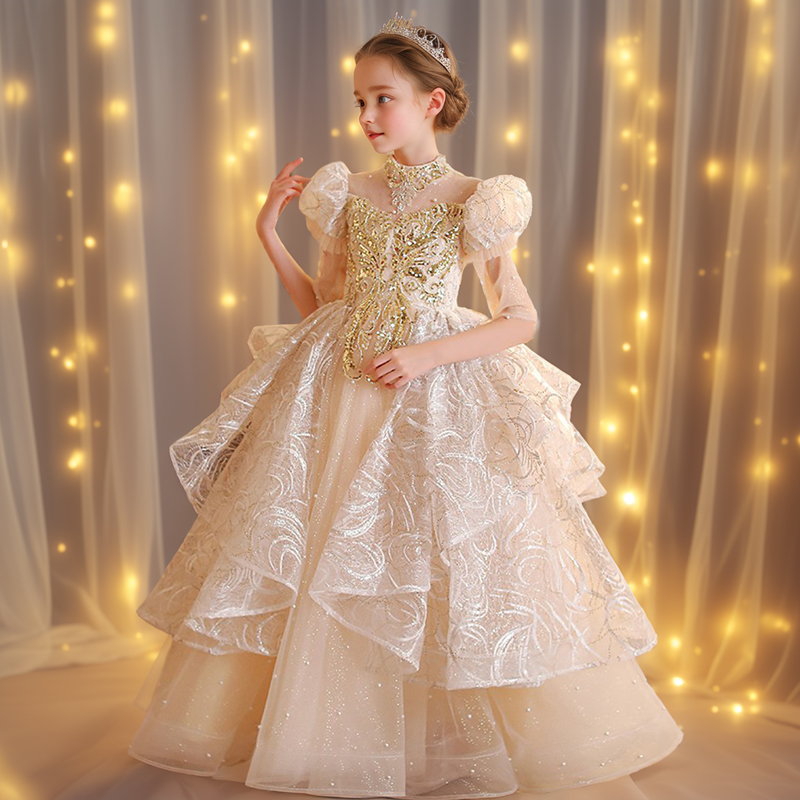 香槟色主持人礼服裙晚宴舞台主持蓬蓬裙儿童晚礼服生日派对连衣裙