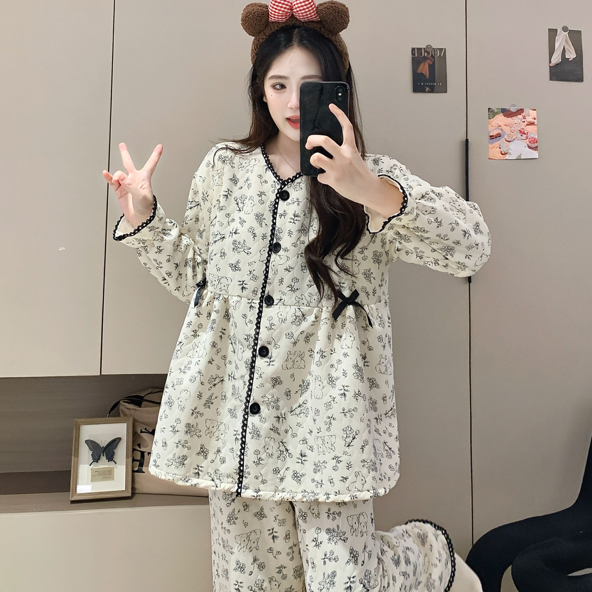 孕妇秋冬季月子服产后大码哺乳加厚保暖空气棉睡衣纯棉喂奶家居服