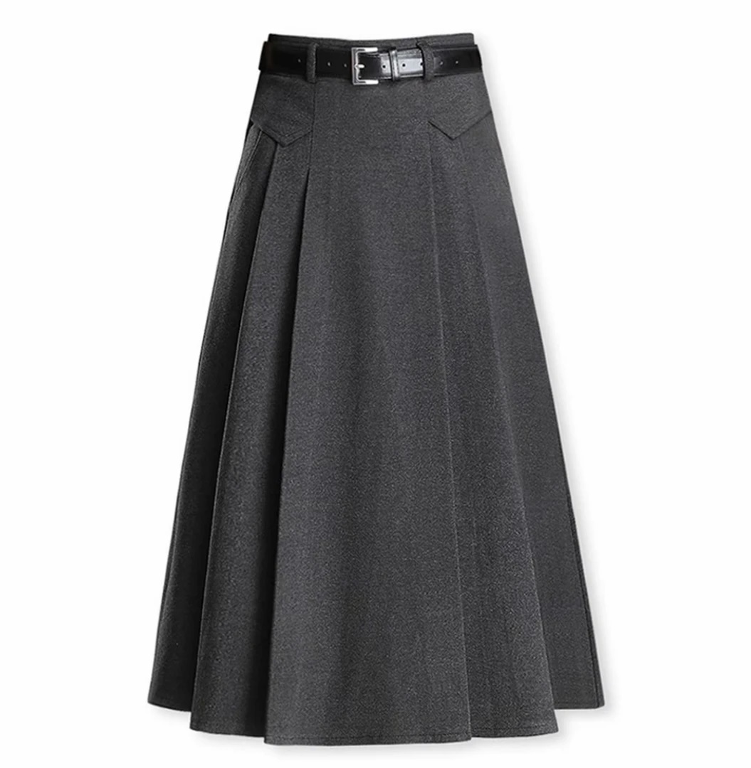 【送腰带+口袋】2025新款冬季毛呢高腰显瘦半身裙女百褶A字伞裙