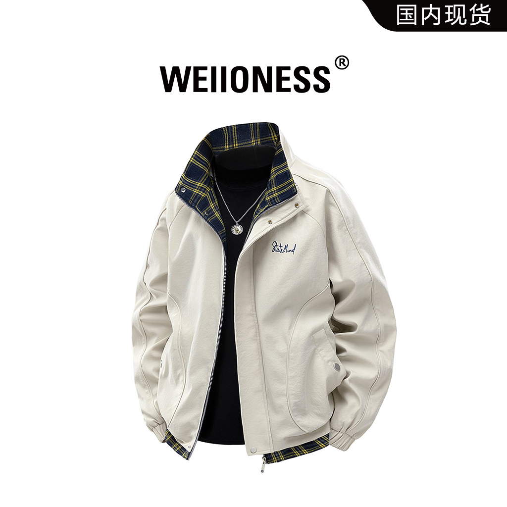 WEIIONESS休闲复古夹克男春秋季百搭拉链时尚假两件外套轻奢男装