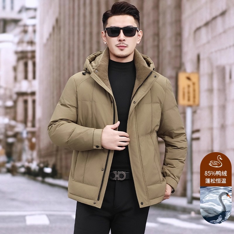 斯洛加霍特冬季白鸭绒商务休闲连帽羽绒服男短款保暖新款加厚外套