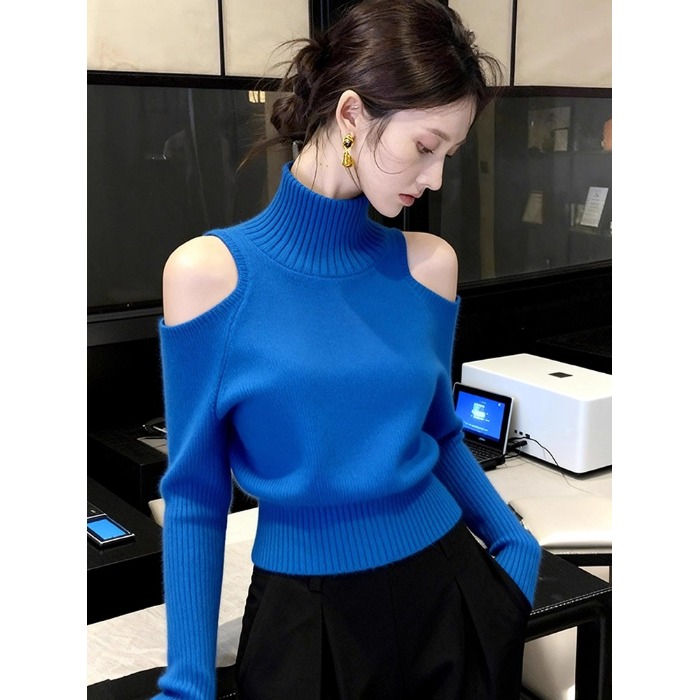 蓝色露肩高领毛衣女秋冬慵懒高级感上衣独特超好看洋气针织打底衫