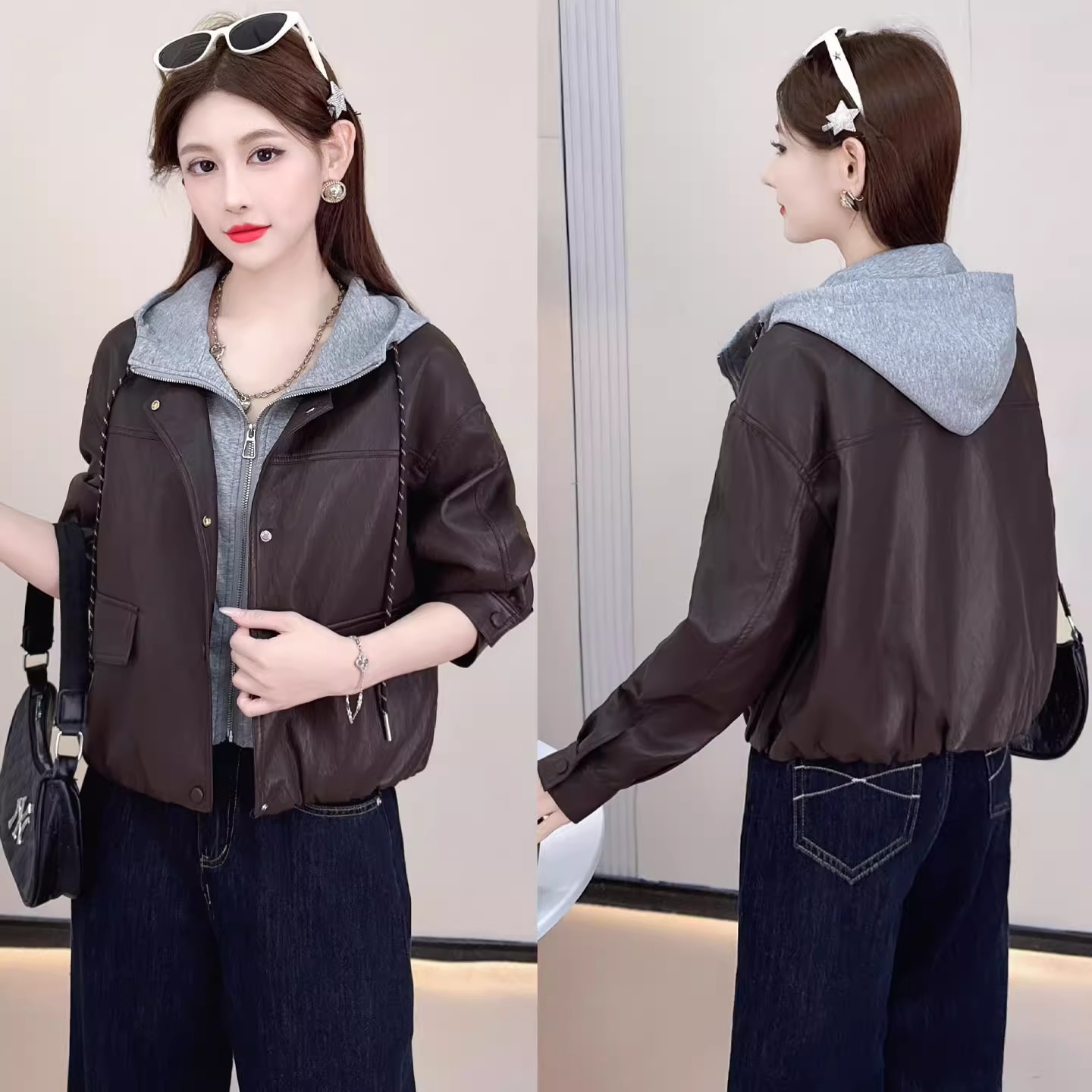 拉夏贝尔今年流行连帽假两件皮衣女2025秋冬新款宽松休闲短外套潮