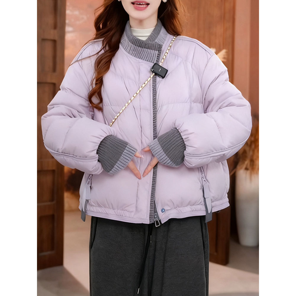 美拉德拼接针织圆领棉服女2025冬季新款巨好看加厚保暖宽松棉衣潮