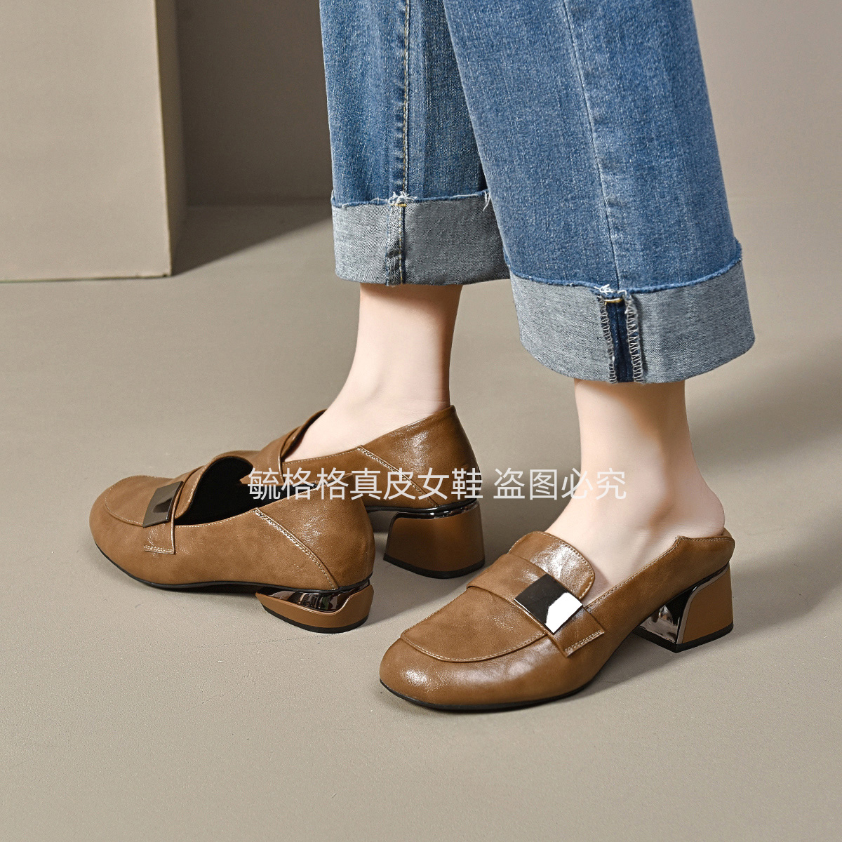 xizi/昔子5228春季新款女鞋单鞋粗跟软底中跟低跟百搭真豆豆鞋女