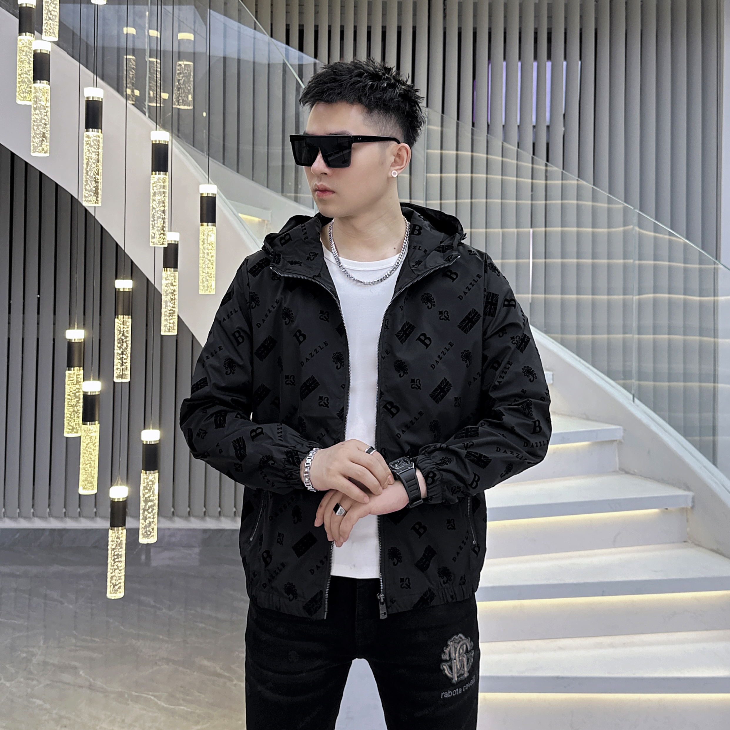 CATIA SELI韩版修身连帽印花夹克男士2025春秋季新款黑色百搭外套